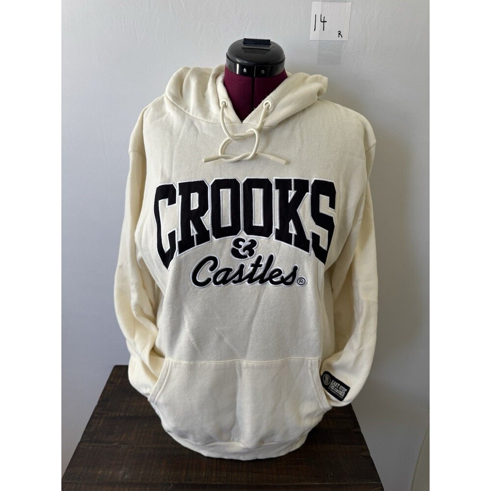 Crooks & Castles Pullover Hoodie XL Cream Embroidered Logo Streetwear Sweatshirt